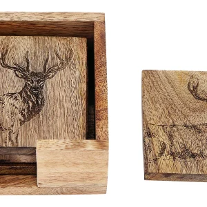 Onderzetters, set van 4, Hout met hertmotief