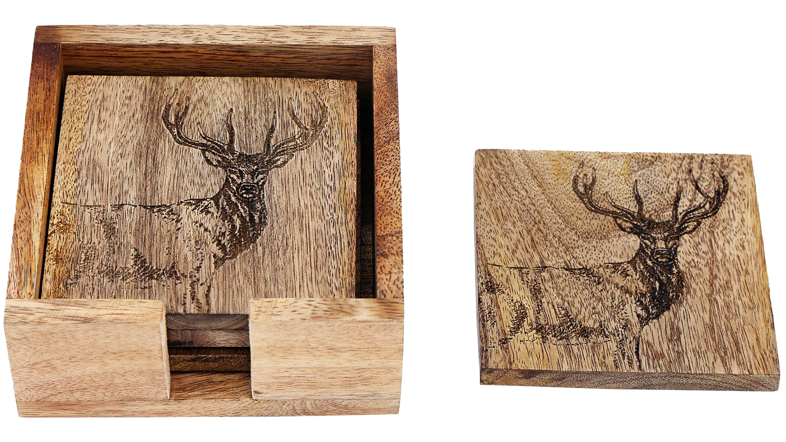 Onderzetters, set van 4, Hout met hertmotief - Image 2