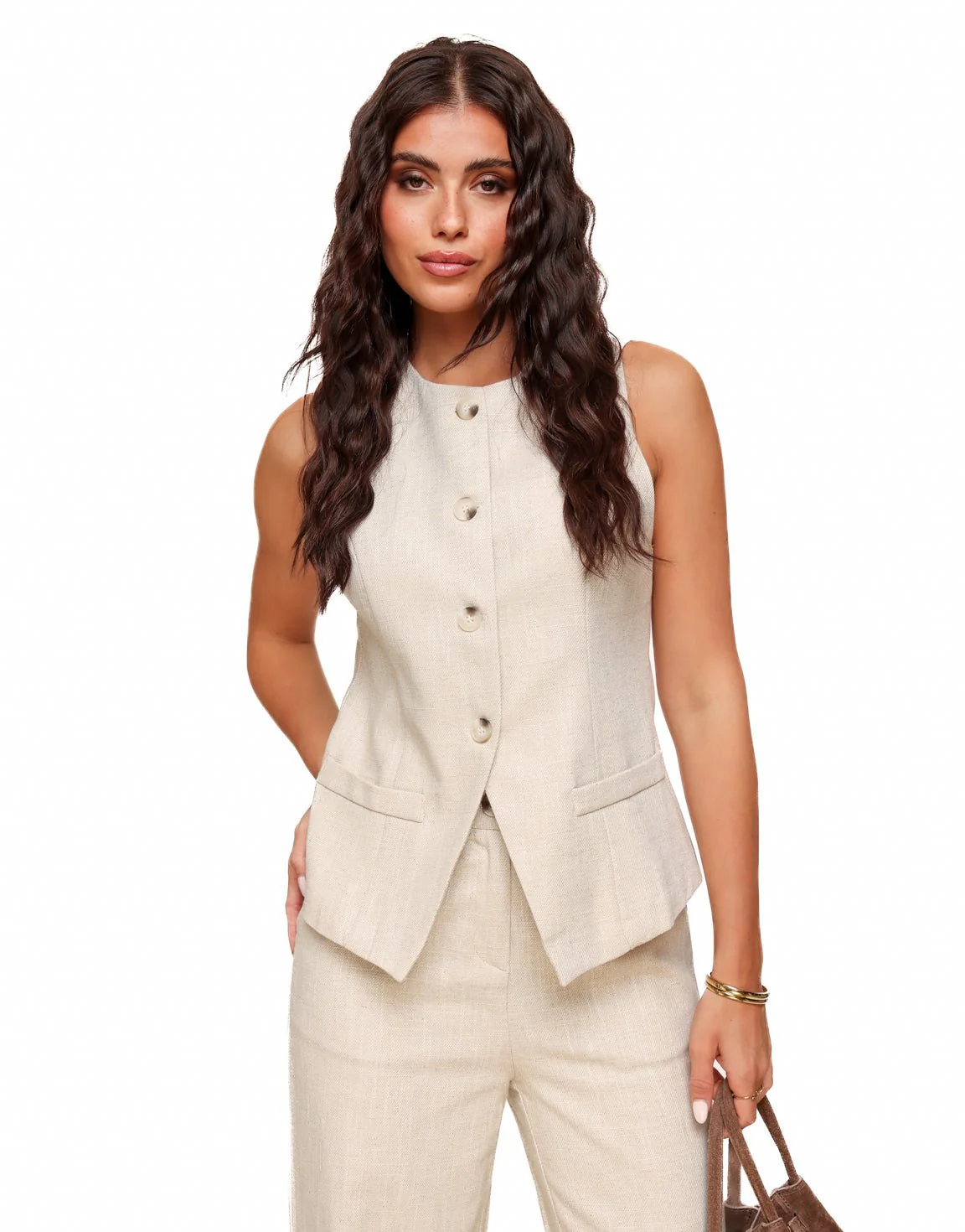Beige Linnen Hoge Knopen Gilet - Set - Image 3
