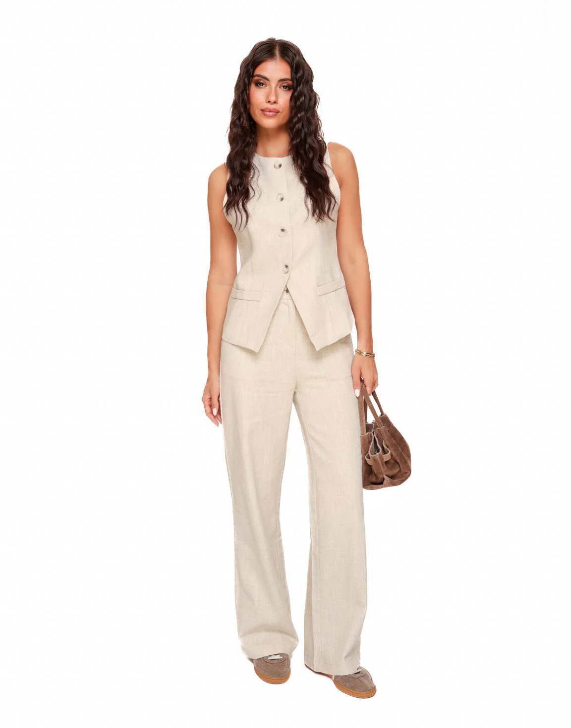 Beige Linnen Hoge Knopen Gilet - Set