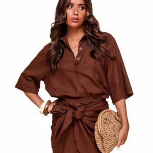 Donkerbruine Linnen SS - Blouse